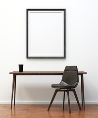 A minimalistic interior design featuring an empty picture frame mounted on a wall, alongside a chair and a table. Minimal home interior design idea. Scandinavian minimal decor design look.