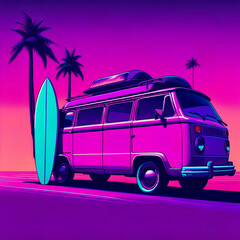 illustration of a van with surfboard, summer road trip,neon style, Ai Generative