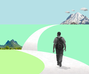 Contemporary art collage of man follows a path. Concept of travel, mental health and long road ahead. Modern design. Copy space.
 - obrazy, fototapety, plakaty