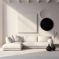 A minimalist white couch sits against a stark, empty wall, invitingly beckoning viewers to fill the space with their own creative vision. Minimal home interior design idea. Scandinavian minimal decor 