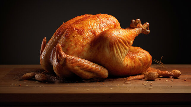roasted chicken on a wooden table HD 8K wallpaper Stock Photographic Image