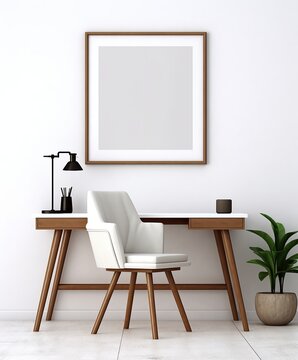 A mockup frame of an empty white chair beside a desk, framed against a minimalist background of posters and paintings. Minimal home interior design idea. Scandinavian minimal decor design look.