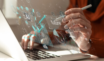 Businessman touching the brain of artificial intelligence (AI). Futuristic business. Innovation connected global network. Investing, financial charts, GPT chatbot, business goals, AI concept.