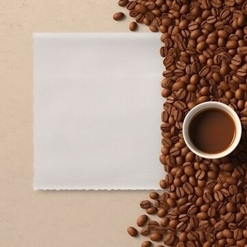 Roasted coffee beans scattered on a white paper. A hot cup of coffee in the morning