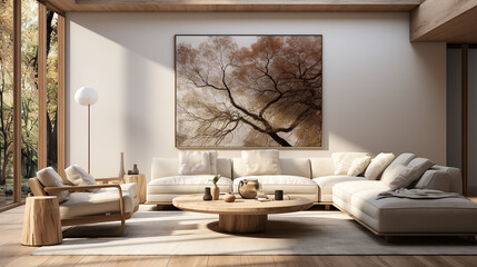 Obraz premium Stylish Living Room Interior with a Frame Poster Mockup, Modern Interior Design, 3D Render, 3D Illustration