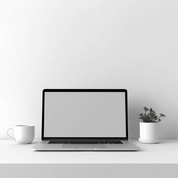 A plain white screen laptop on top of a desk for a mockup with a background of minimalist room decorations.