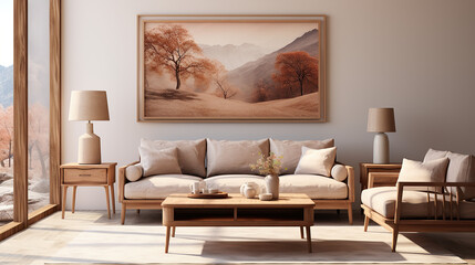 Stylish Living Room Interior with a Frame Poster Mockup, Modern Interior Design, 3D Render, 3D Illustration
