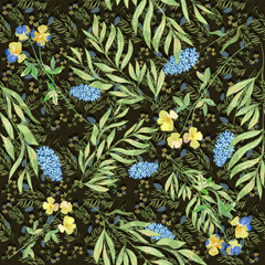 Trendy seamless floral textile print midnight flowers. Plants drawn against a dark background, intertwined with each other. Autumn winter floral fabric background, vector,  Aerial flora pattern