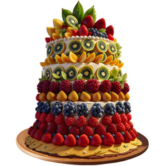 An intricately designed cake topped with luscious fruits.