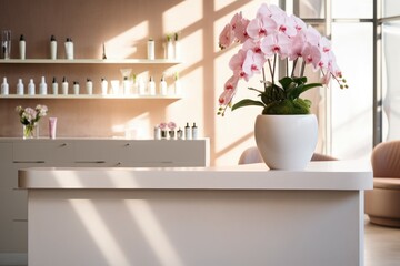 Reception counter beauty salon vase. Generate Ai - obrazy, fototapety, plakaty