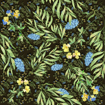 Trendy Seamless Floral Textile Print Midnight Flowers. Plants Drawn Against A Dark Background, Intertwined With Each Other. Autumn Winter Floral Fabric Background, Vector,  Aerial Flora Pattern