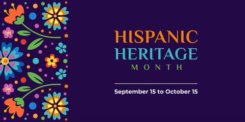 Hispanic heritage month. Vector web banner, poster, card for social media, networks. Greeting with national Hispanic heritage month text, ornament on blue background with red, yellow color.