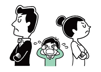 ベクターイラスト素材：夫婦げんか、悲しむ子供、離婚危機
