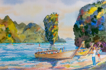 Watercolor painting seascape on paper of Phang Nga Bay for the traveling sea.