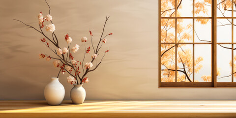  Natural Wood Dining Table with Twig Vase - Sunlit Japanese Door and Beige Walls Create a Serene Atmosphere for Luxury Beauty Product Displays - 3D