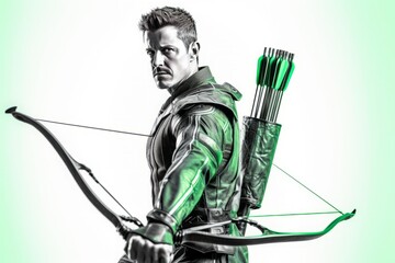 An archer man in a leather with bow and arrows. Generative AI