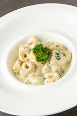 Delicious italian food tortellini pasta with mushroom cream sauce and cheese