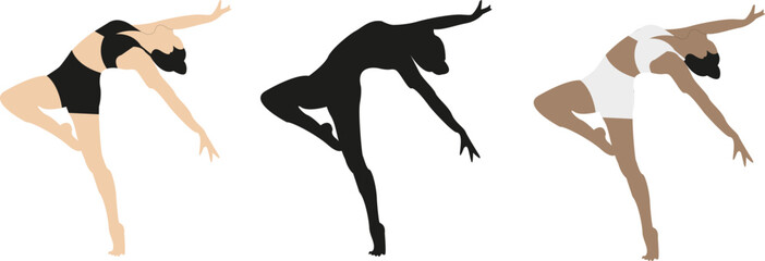 Vector dancing girl set - choreography. Young beatiful woman. Dancing girl silouette.