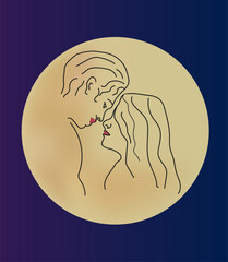 Vector line art romantic couple in love on a moon background. Before kissing - couple in love. Valentines day. Boy and girl in love. Man and woman in love.