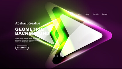 Abstract background landing page, glass geometric shapes with glowing neon light reflections, energy effect concept on glossy forms
