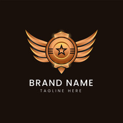 Golden and black wing badge logo design.typhography logo