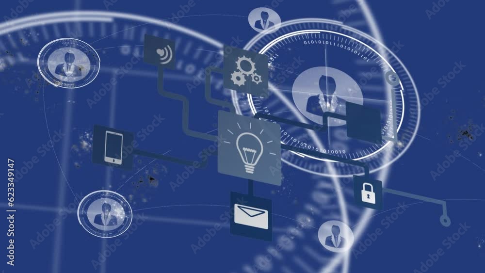 Poster animation of computer application icons flowchart over profile icons against blue background