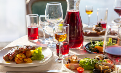 Wine in a glass decanter on a table in a restaurant