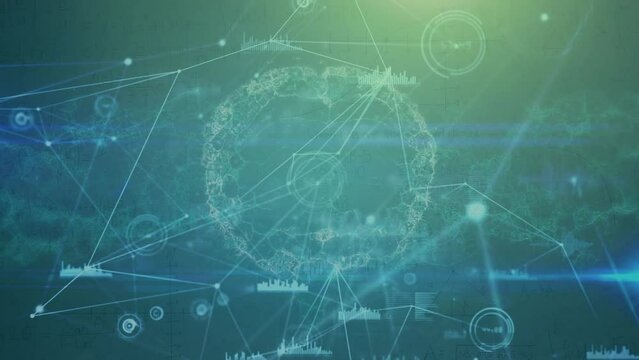 Animation of connected dots, graph icons over digital brain against blue background