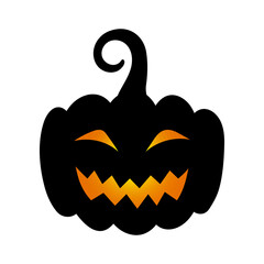 Halloween cute black pumpkin silhouette. Dark pumpkin with scary funny luminous face on white background for autumn holiday. Vector Halloween illustration for decoration, print design, banner, app