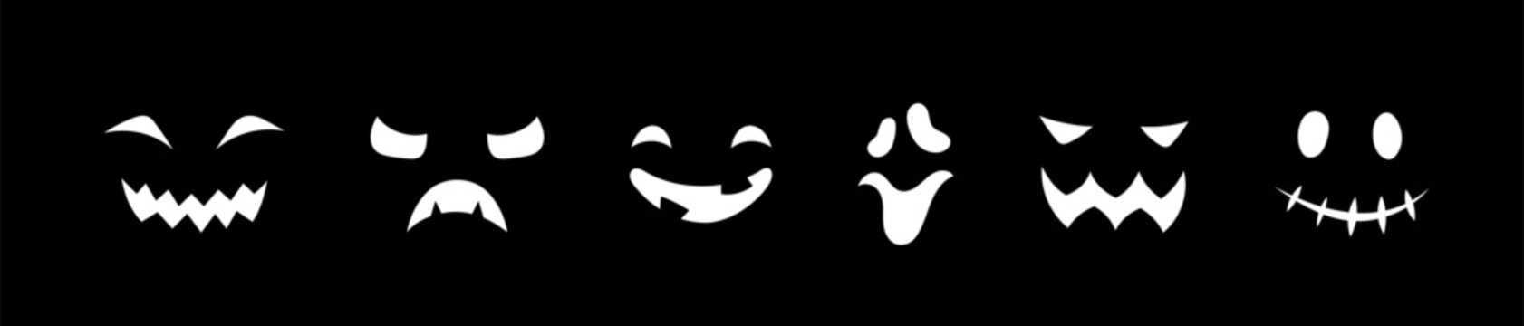 Vector scary faces icons set. Halloween decoration smiling masks. Pumpkin funny smiles. Ghost white face collection isolated on black background for web, decor, fashion print, app