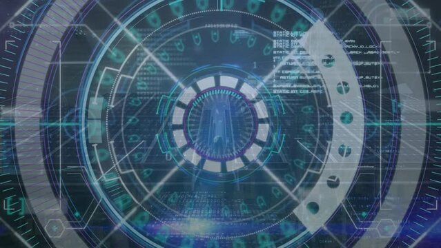 Animation of arrows in circles over binary codes and computer language against abstract background