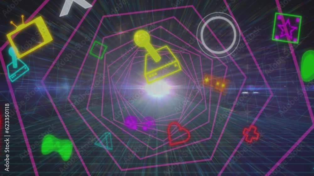 Poster animation of computer application icons over hexagons tunnel against lens flares in background