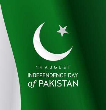 14 August Happy Independence Day Pakistan. Green Flag