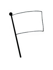 The flag on the flagpole. Line drawing with black outline. Flagpole with black line, circle from above. The outline of the flag is a thin line. Isolated on white background.