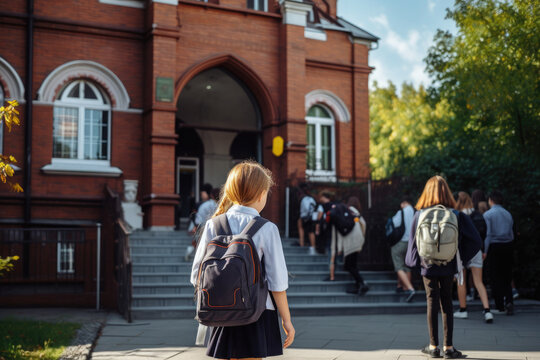 Children with backpacks go to the entrance to the old beautiful red brick school. The concept of the beginning or end of the school year.
