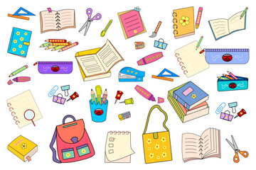 Vector set of school supplies isolated on white background. Including books, pen, pencil, eraser, ruler, shoulder bag, scissors, pin, paper-clip, memo, sticky note, backpack, and color marker.