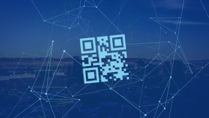 Animation of qr code over connected dots over aerial view of silhouette of modern cityscape - Powered by Adobe