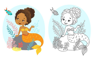 Black and white vector coloring for children. Illustration of beautiful girl mermaid african american ethnicity