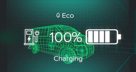Animation of battery charging interface over 3d van model moving in seamless pattern in a tunnel - Powered by Adobe