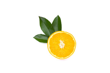 Orange fruit with green leaves on white background.