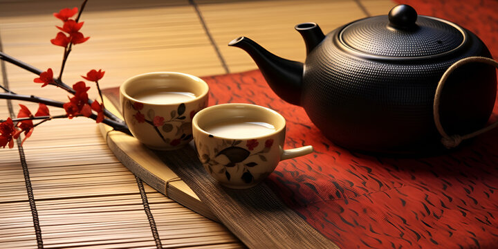 Asian tea set. Japanese teapot and cups on bamboo mat. generative