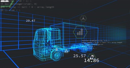 Animation of multiple digital icons over 3d truck model moving in seamless pattern in a tunnel - Powered by Adobe