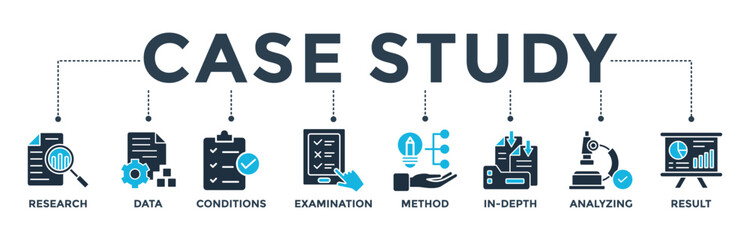 Case study banner web icon vector illustration concept with icon of research, data, conditions, examination, method, in-depth, analyzing, and result
