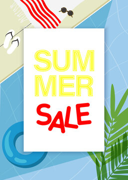Summer sale white list with palm leaves, swimming pool and float on a background.