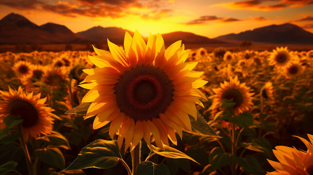 sunflower field at sunset HD 8K wallpaper Stock Photographic Image 