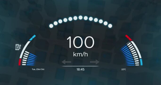 Animation of car dashboard interface over abstract 3d shapes in seamless pattern on grey background