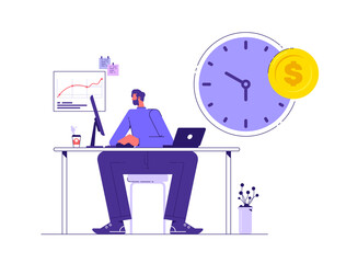 Financial investments and time control, time is money. The concept of saving money and managing time, money is time, business planning, people characters working together with clock