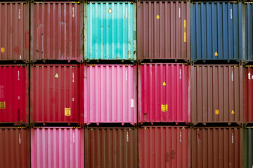 Container yard for Logistic Import Export business, vintage colorful container stack look. pastel colors and retro colors. .