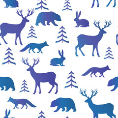 Animals winter seamless pattern. Christmas seamless pattern with bears, foxes, deers, hares and winter trees