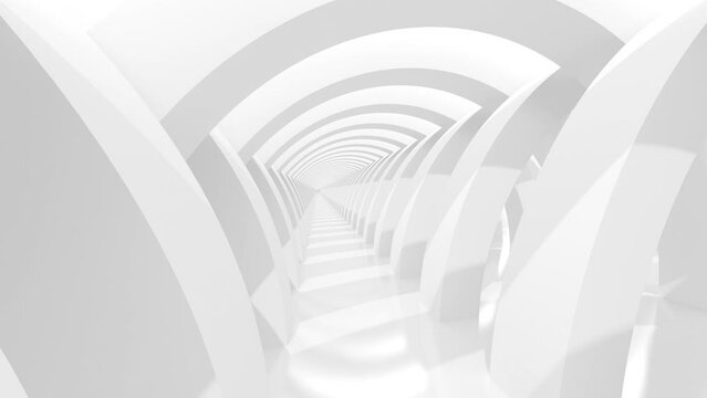 Futuristic empty white corridor with bright light. Seamless looping animation